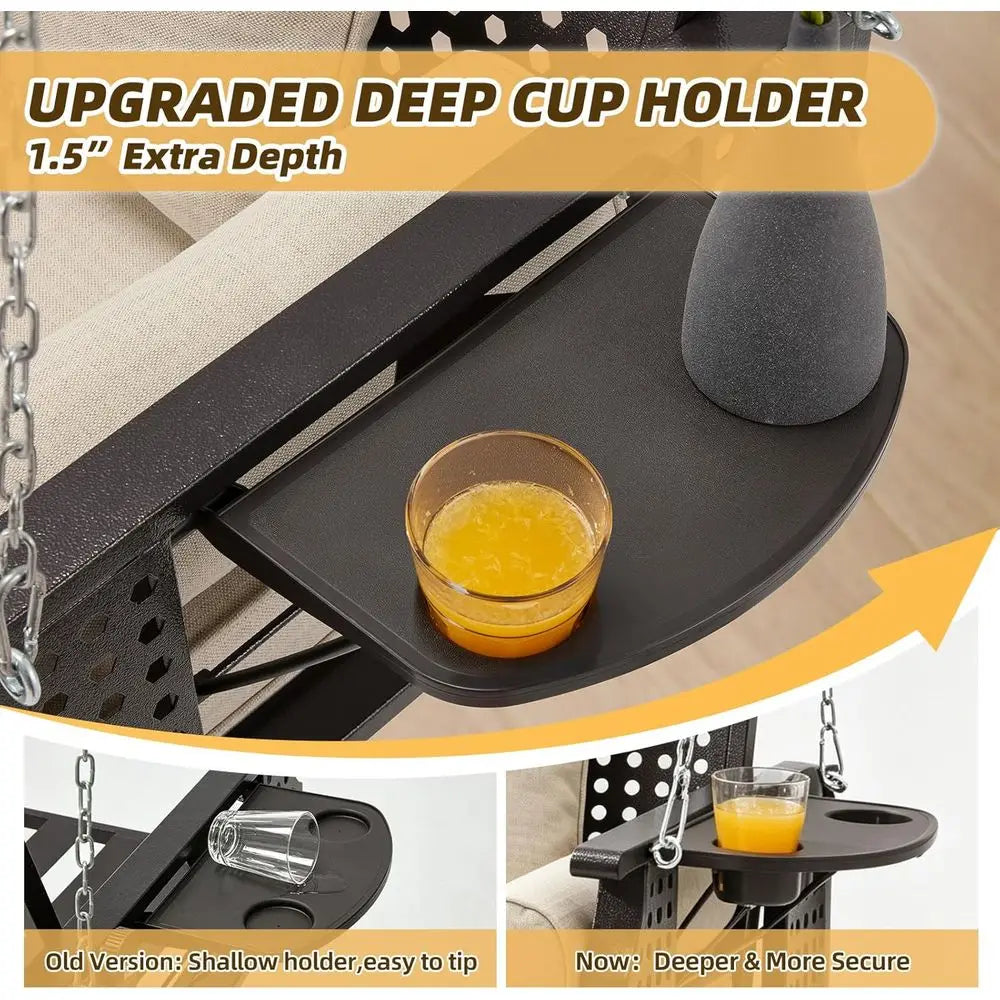 Three Seat Hanging Porch Swing With Cup Holders And Cushions