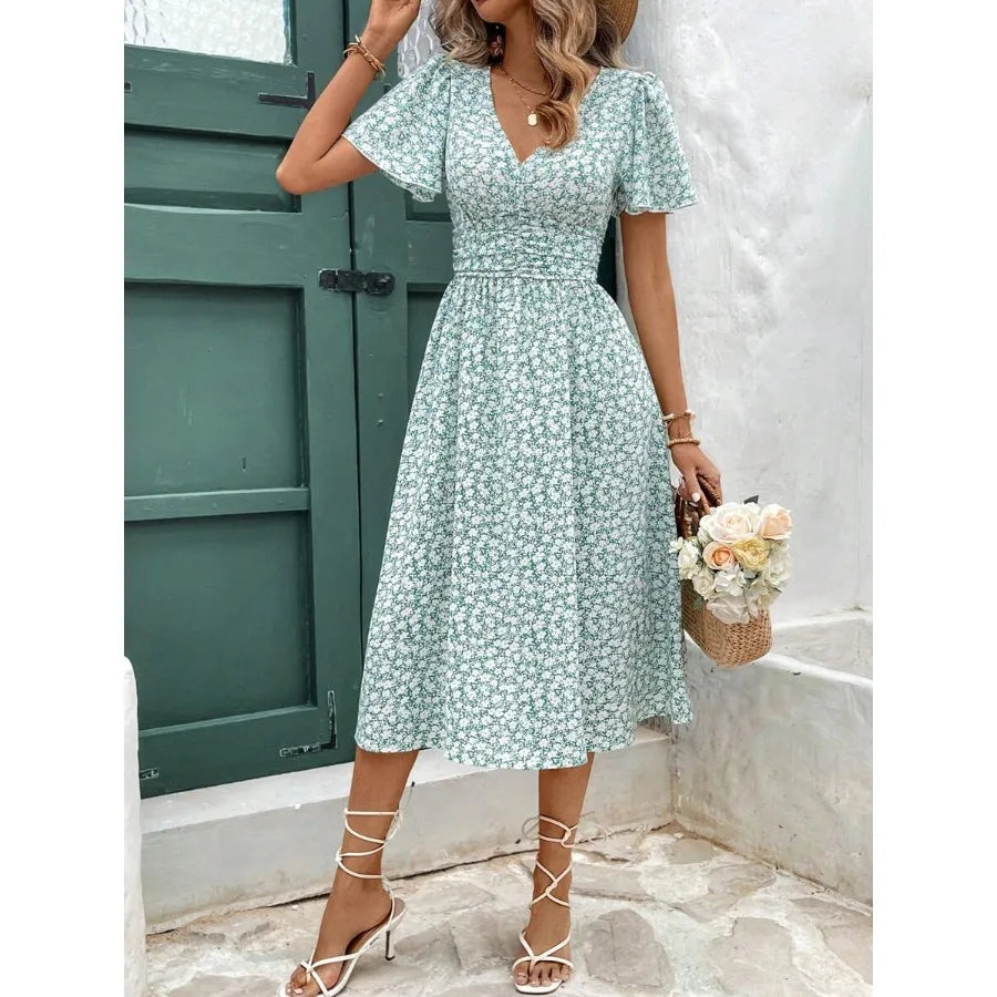 Womens Floral Print V Neck Ruffle Dress Short Sleeve