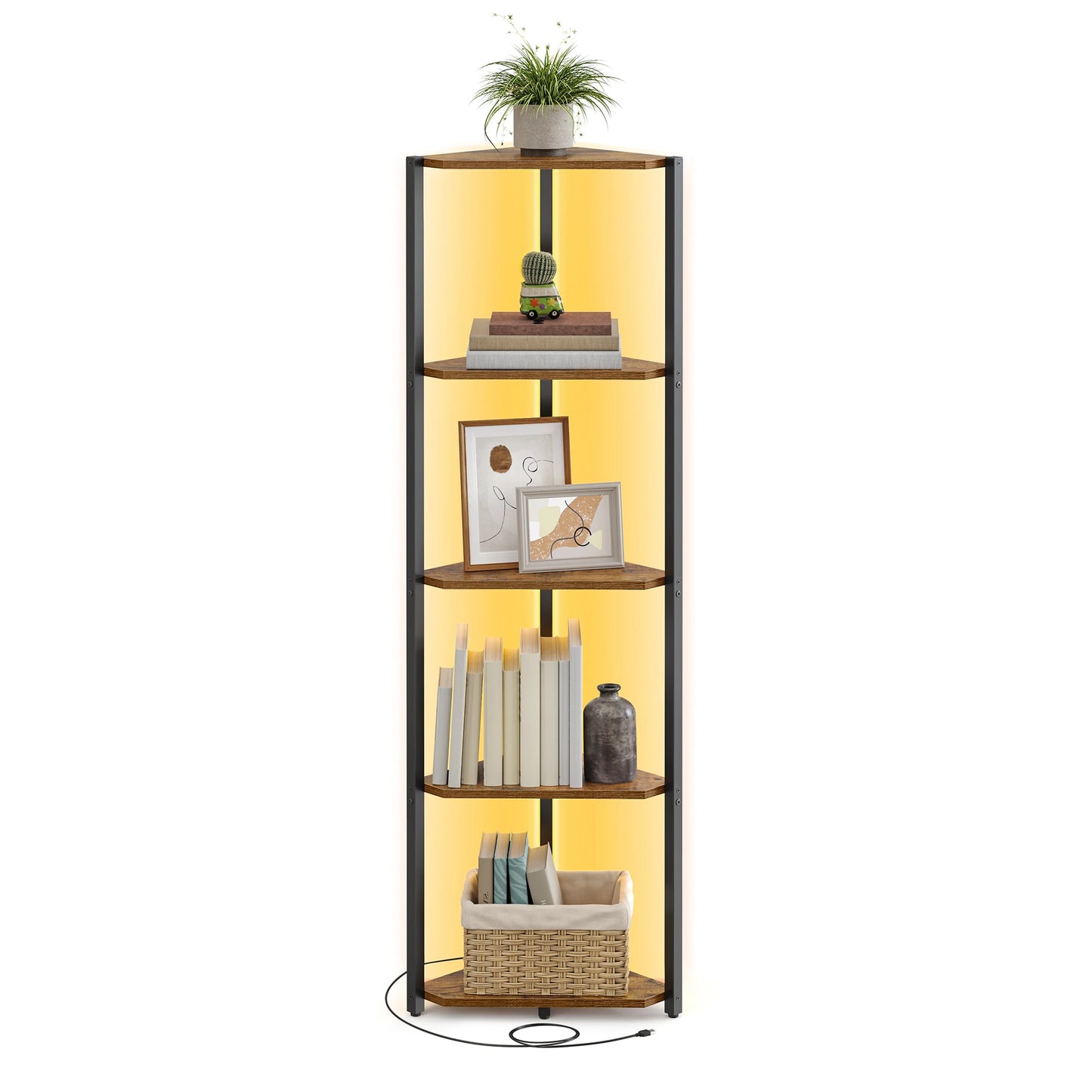 VASAGLE 5-Tier Corner Shelf With LED Lights And Steel Frame