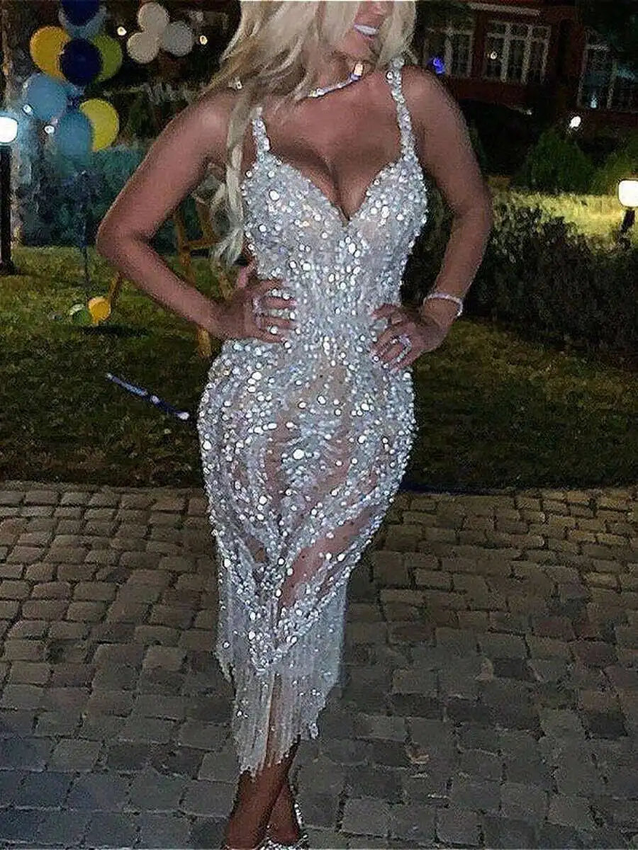 Sparkly Deep V Neck Sequin Fringe Evening Dress For Women