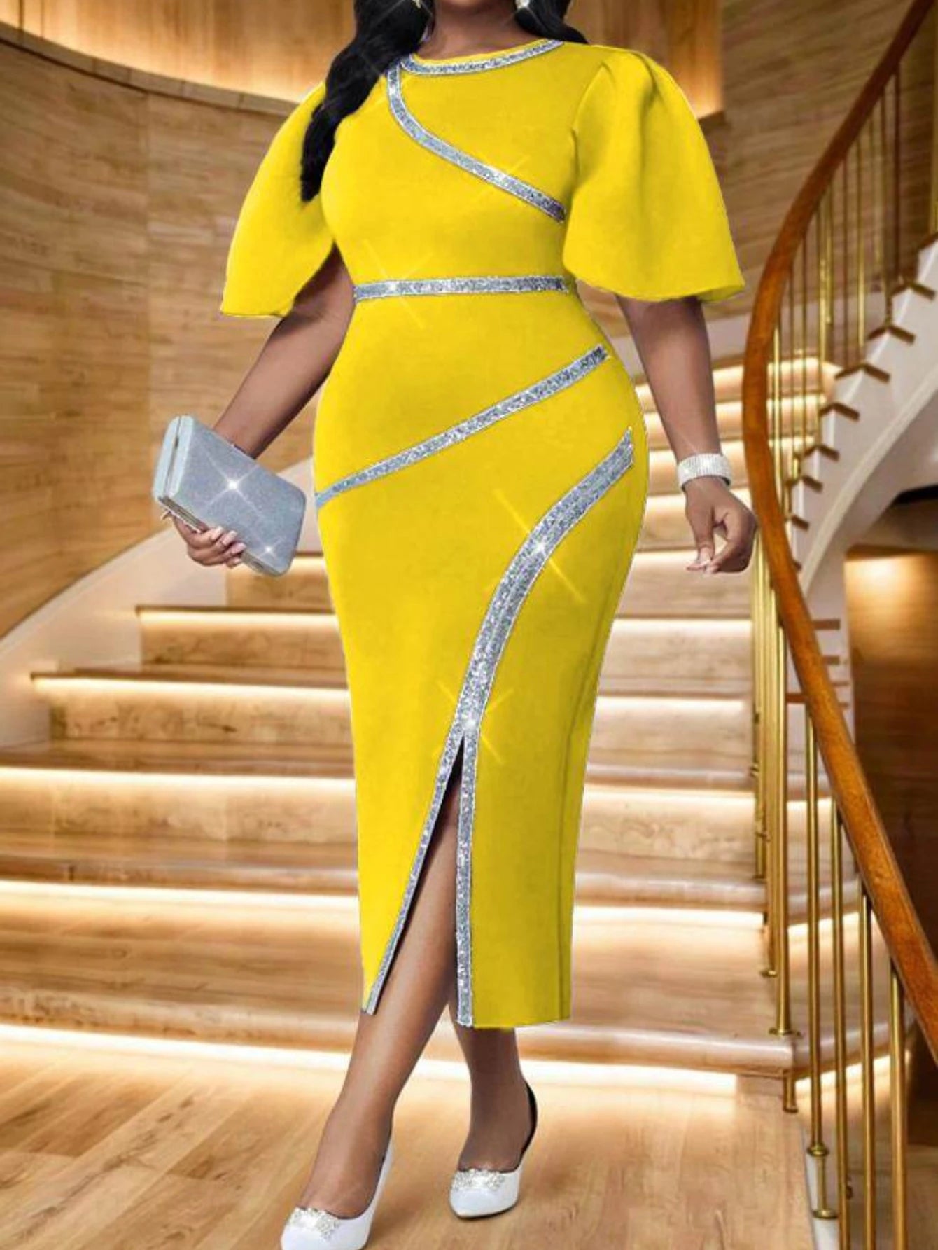 Women's Flutter Sleeve Diagonal Split Midi Bodycon Dress