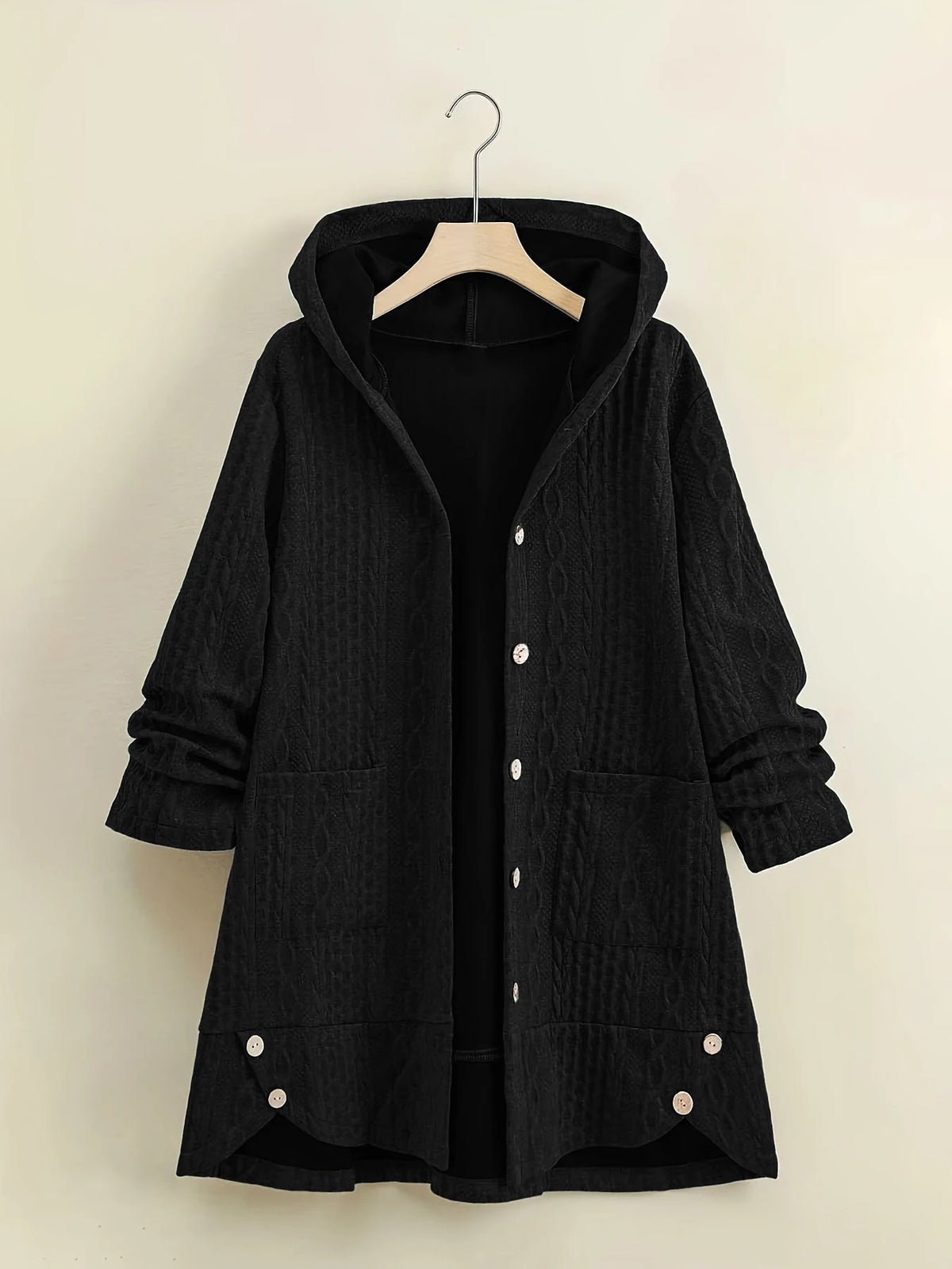 Curvy Cable Knit Hooded Button Front Cardigan With Side Pockets