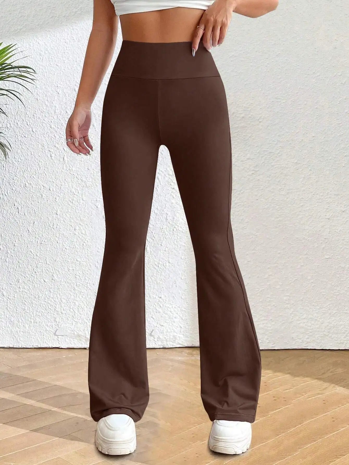 Solva Solid Flare Leg Pants For Women Elastic Waist Yoga