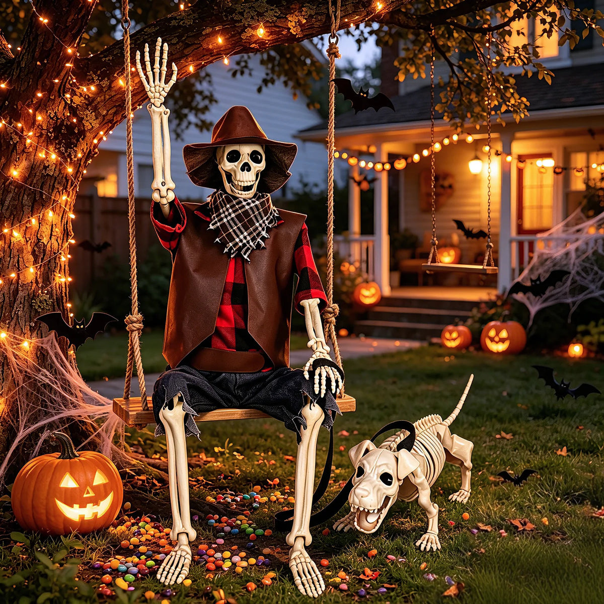 Posable Halloween Skeleton And Dog Outdoor Decorations