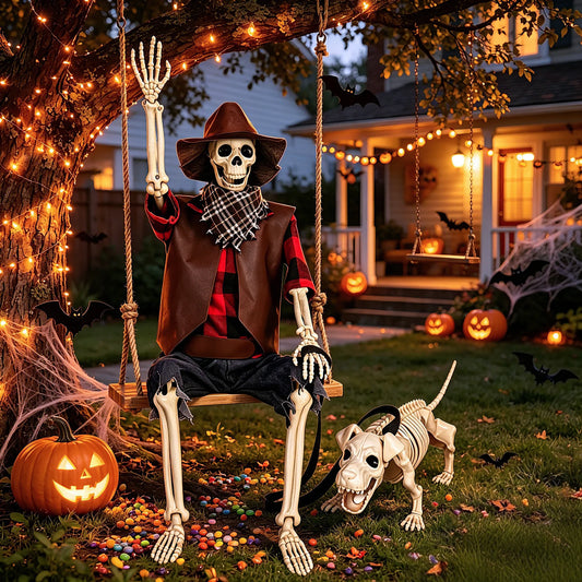 Posable Halloween Skeleton And Dog Outdoor Decorations
