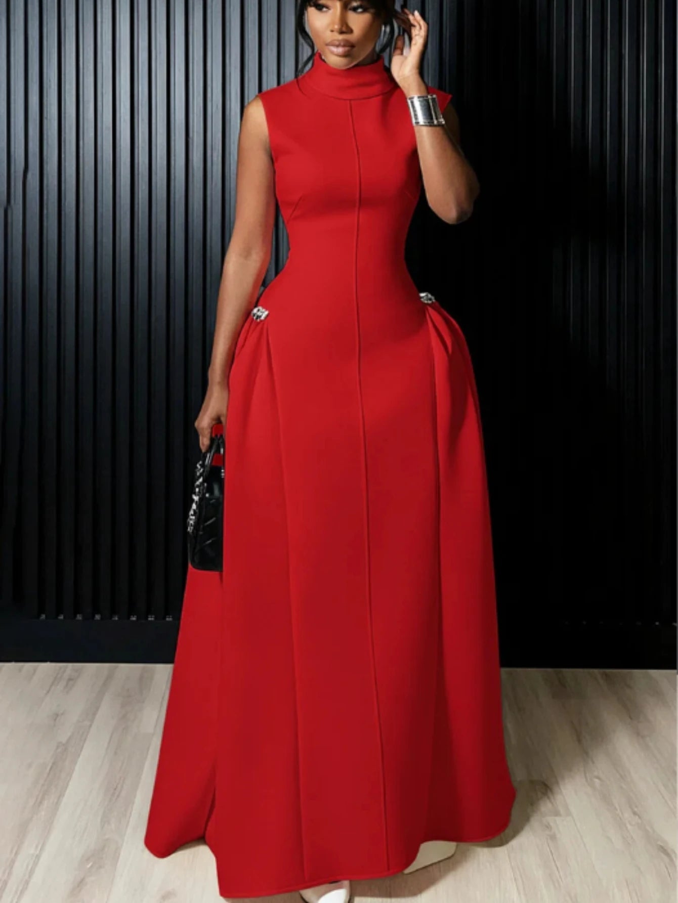 Women High Neck Sleeveless Fitted Polyester Floor Length Maxi Dress