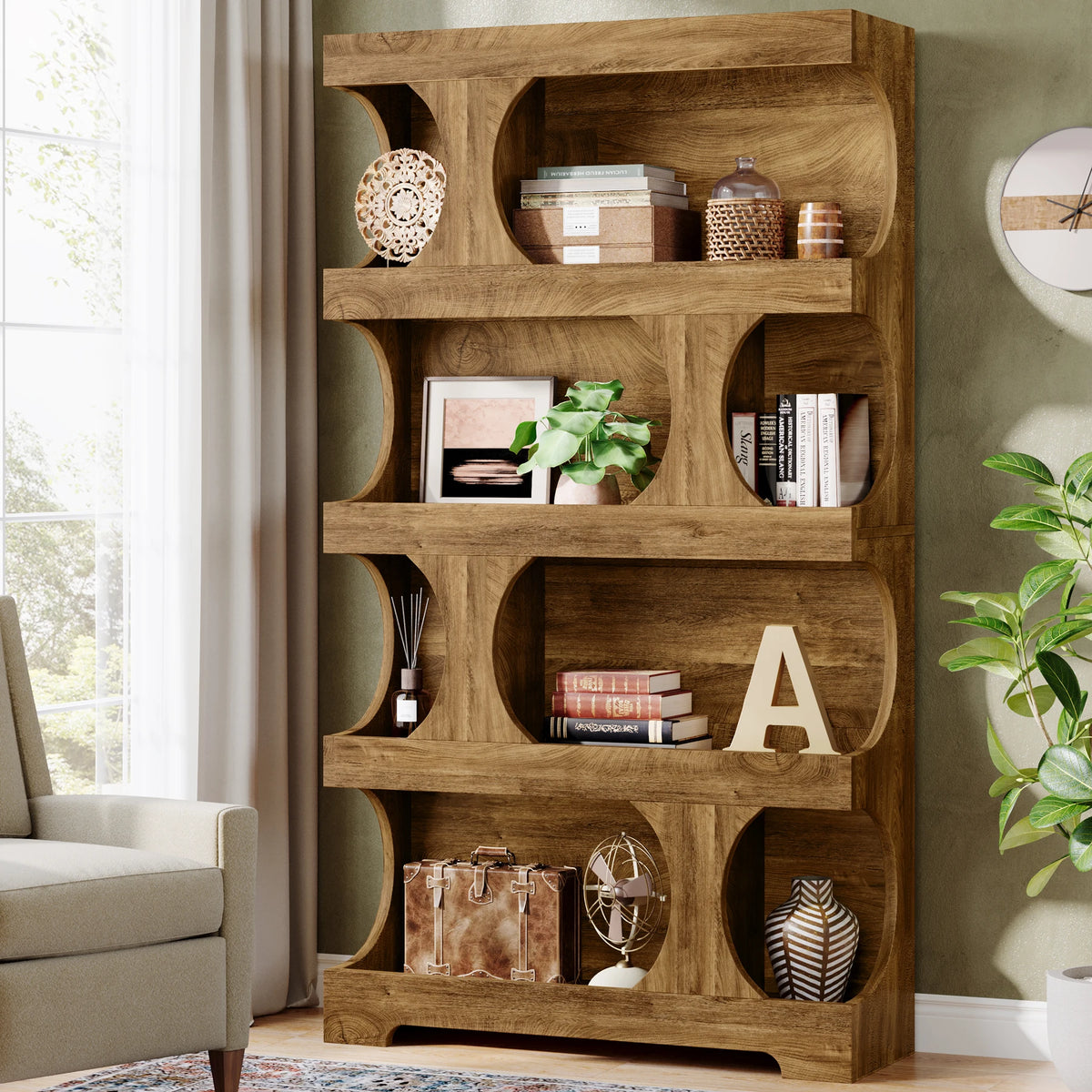 Tribesigns S-Shaped 4-Tier Wooden Bookcase Display Storage Shelves
