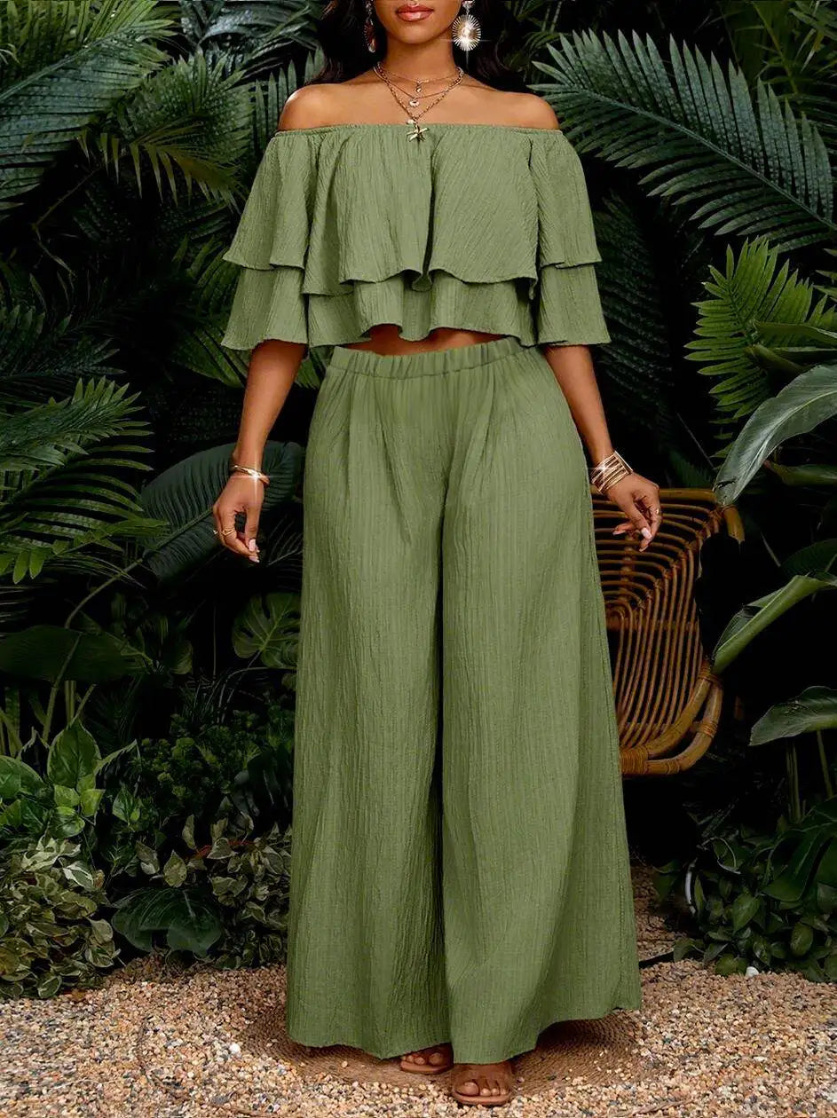 Women Off Shoulder Ruffle Crop Top Wide Leg Pants Set