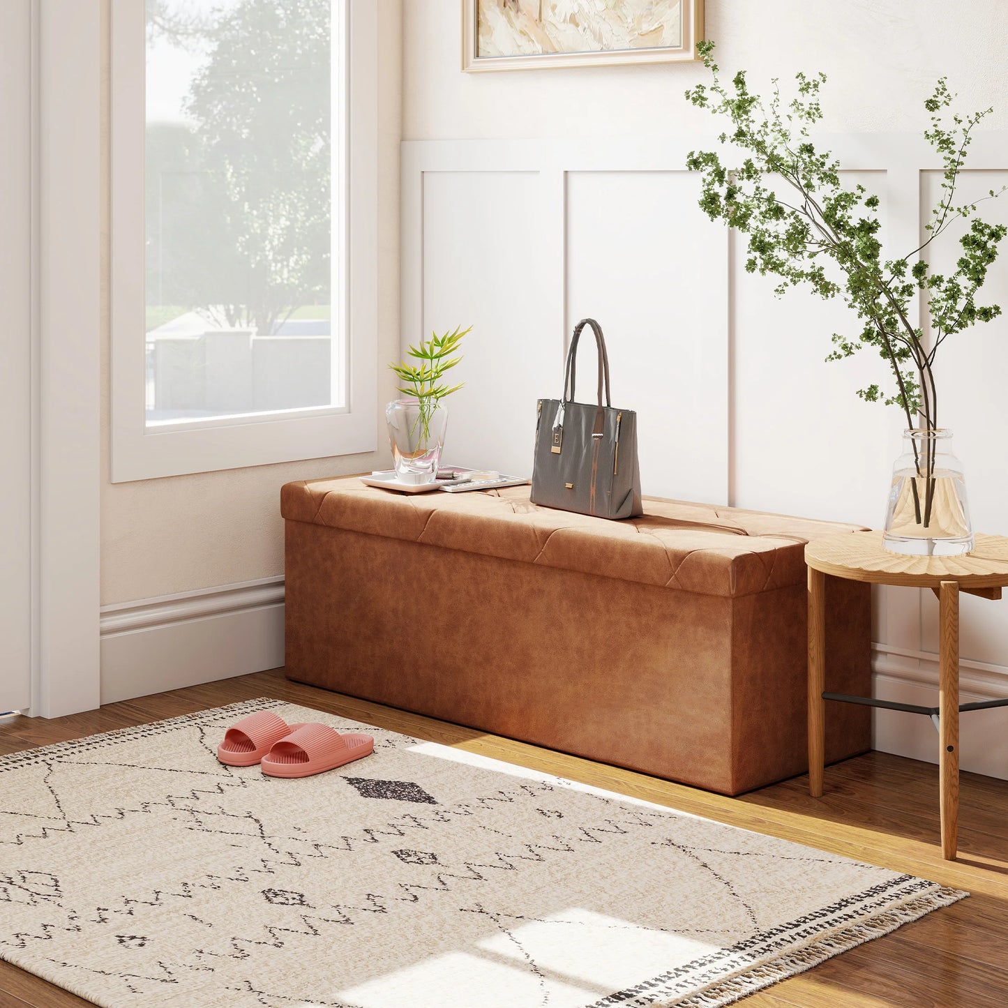 MCQ Foldable Faux Leather Storage Ottoman With Seat Cushion