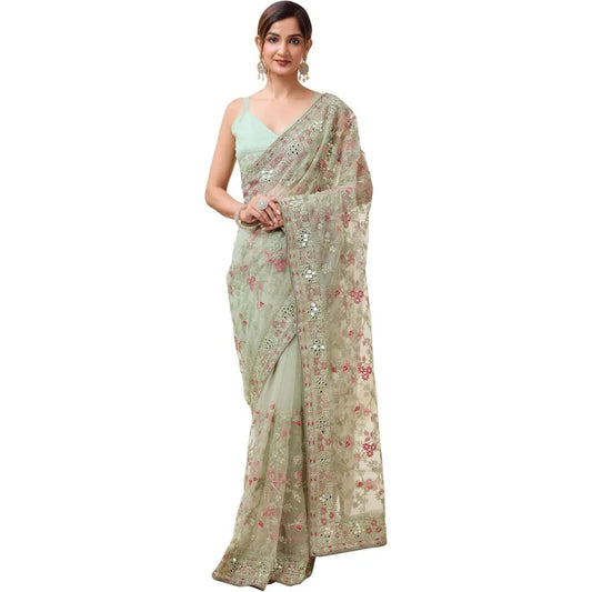 Women's Net Cotton Saree With Sequence Embroidery Work