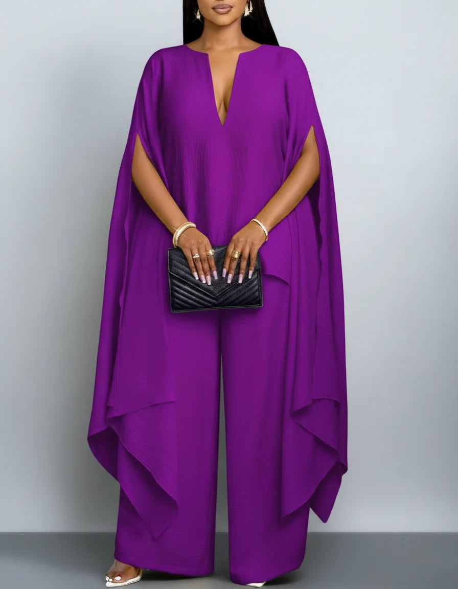 Women's Cape Sleeve Top Wide Leg Pants Two Piece Set
