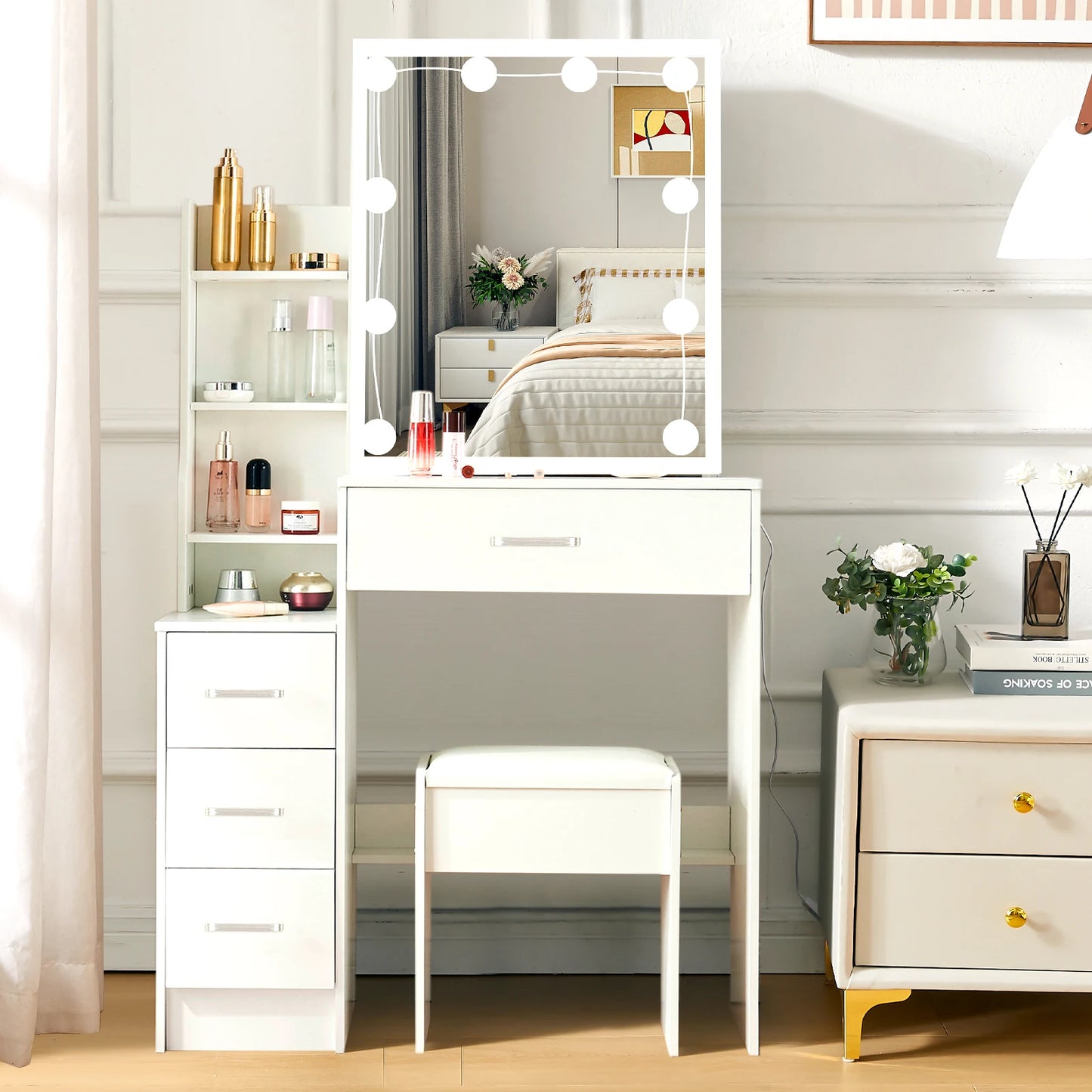 Yamissi LED Vanity Desk With Sliding Mirror 4 Drawer