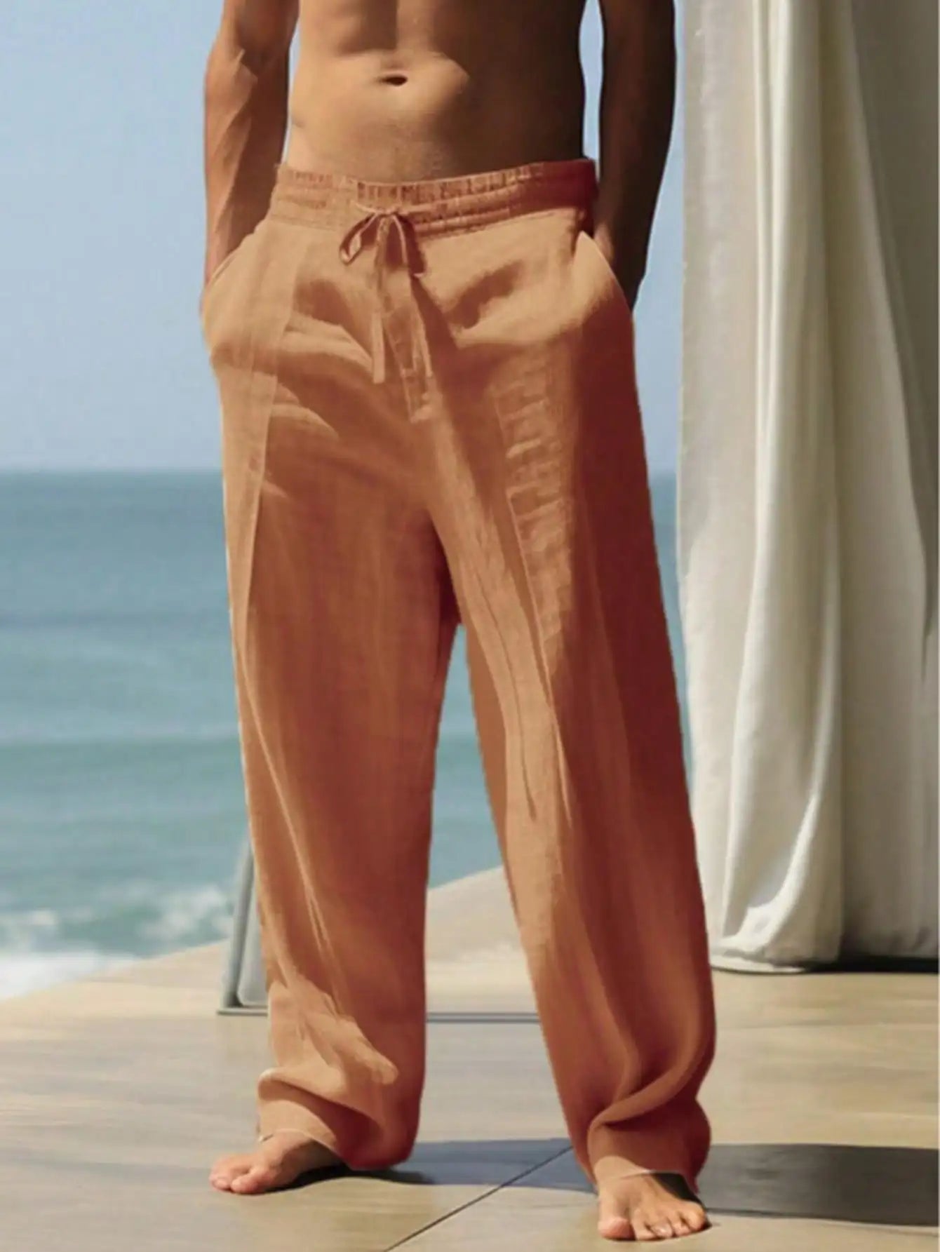 Men's Linen Wide Leg Casual Pants Breathable Lightweight Summer Wear