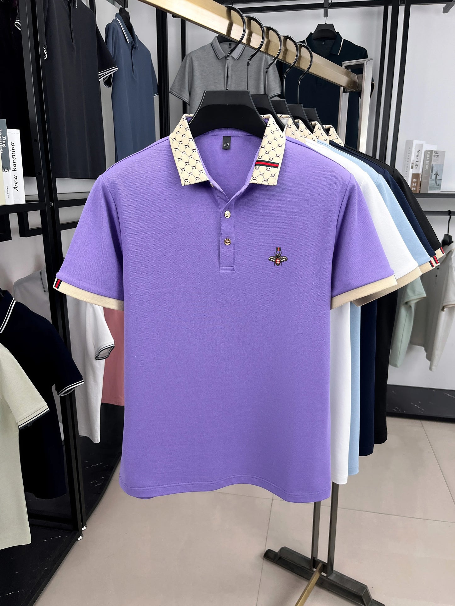 Men's High-End Lapel Polo Shirt With Letter Jacquard Bee Embroidery