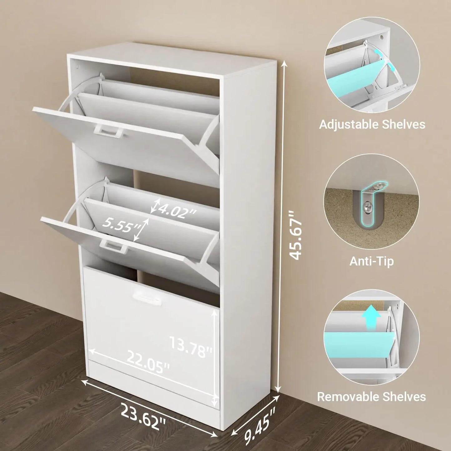 Slim Freestanding Shoe Cabinet With Flip Drawers Hidden Storage