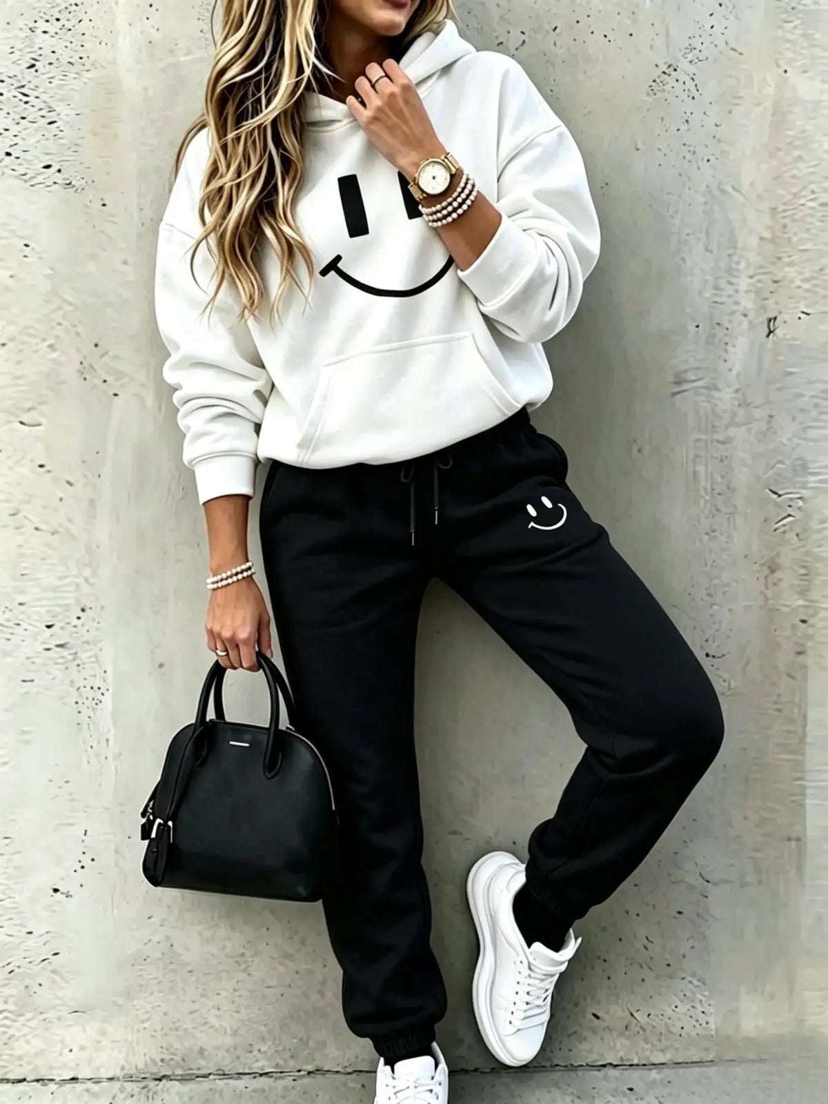Women Smile Face Print Hooded Two Piece Casual Tracksuit Set