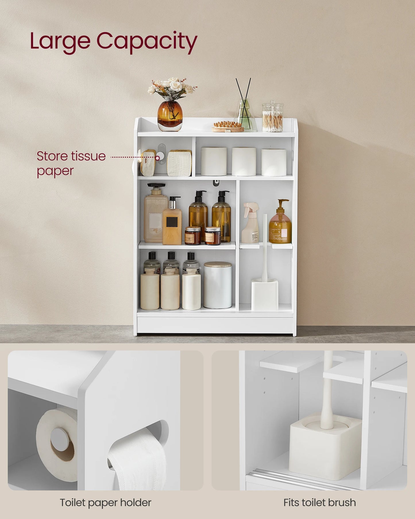 VASAGLE Narrow Storage Cabinet With Sliding Doors Toilet Paper Holder