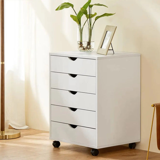 JHK Wood Nightstand 5 Drawer Cabinet On Wheels For Bedroom