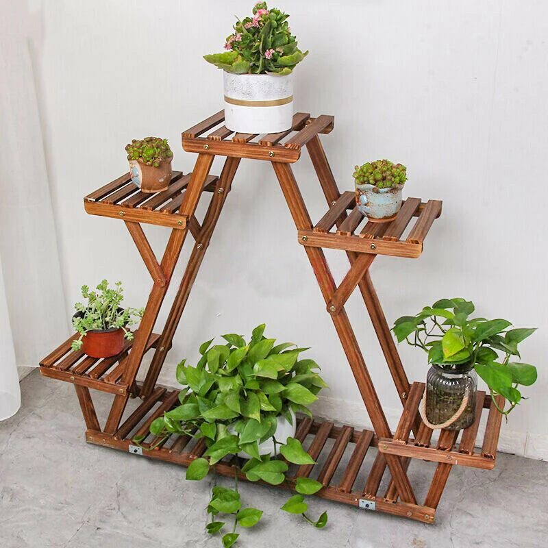 Six Tier Wooden Corner Plant Stand Indoor Outdoor Display Rack