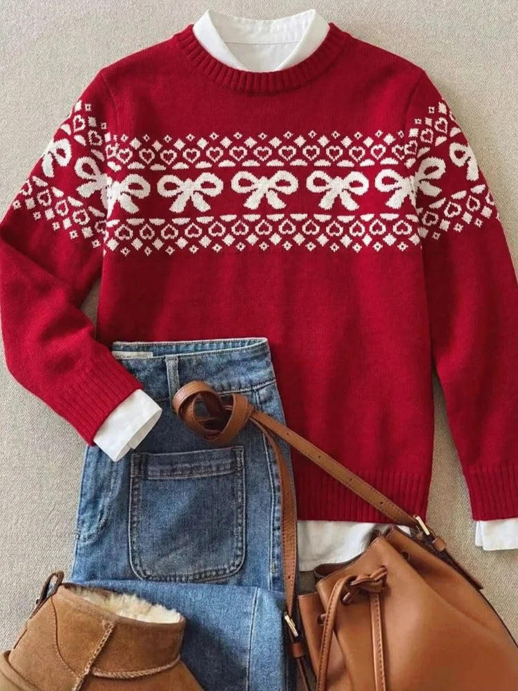 Women Bohemian Knitted Pullover Sweater With Bow Floral Print