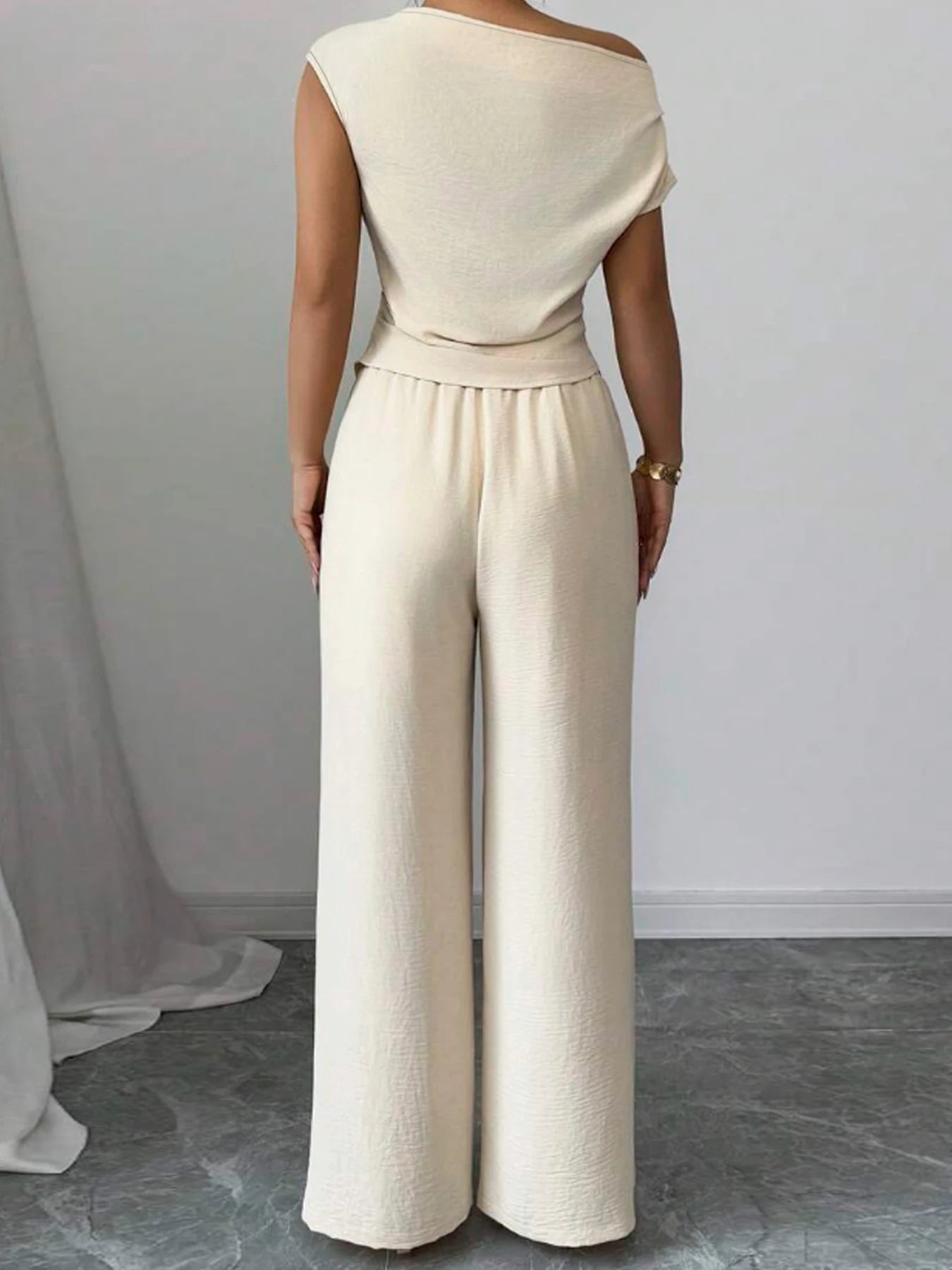 Elegant Asymmetric Top And Wide Leg Pants Two Piece Set