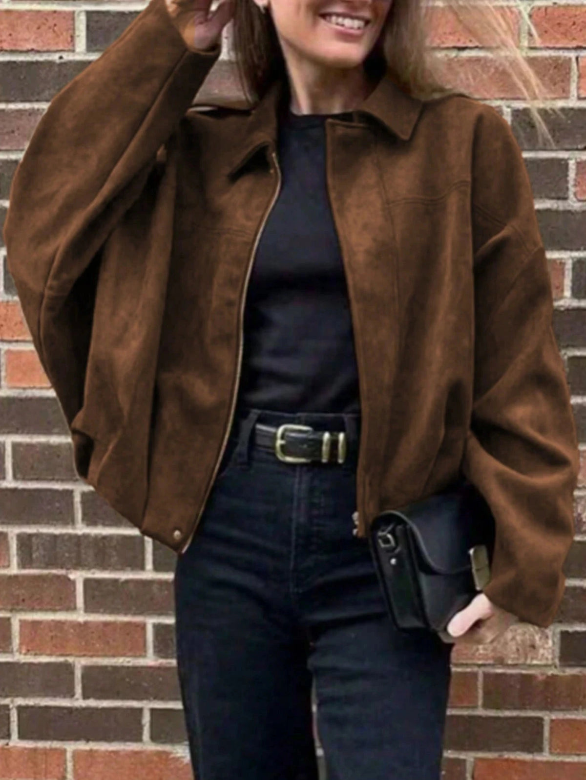 Womens Vintage Suede Casual Streetwear Jacket With Zipper Closure