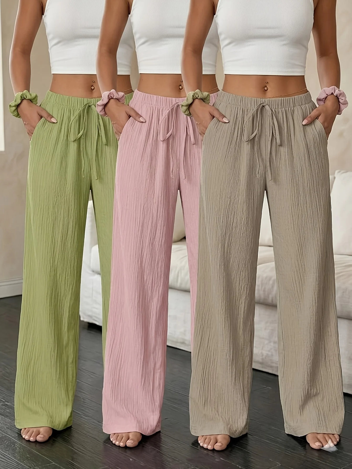 Women's Textured Wide Leg Cotton Casual Pants Set With Pockets