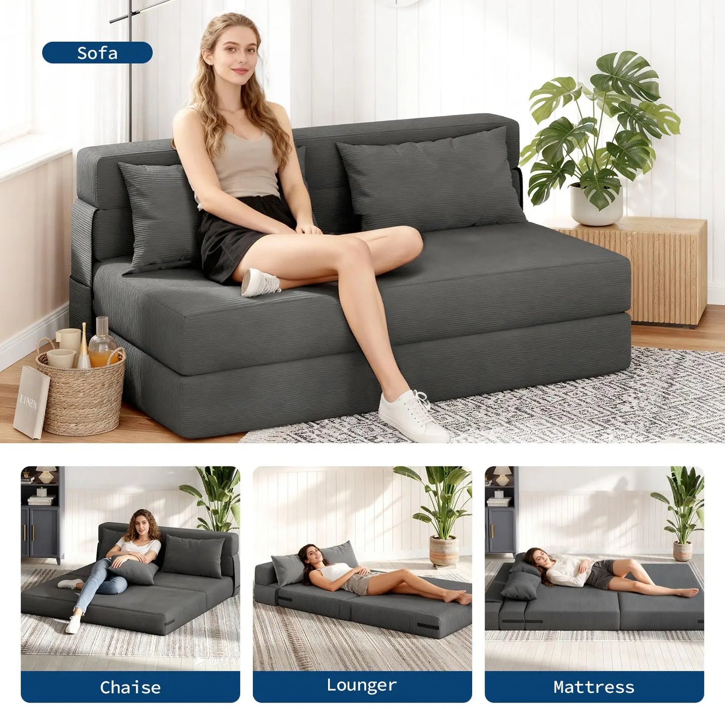 HobbyLane Convertible Corduroy Loveseat Sofa Bed With Throw Pillow