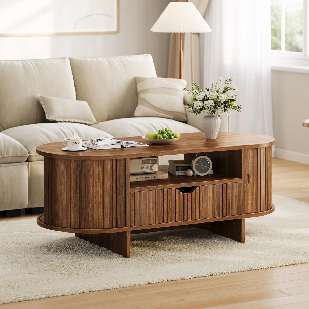 HiMISS Modern Oval Coffee Table With Drawer And Cabinet Storage