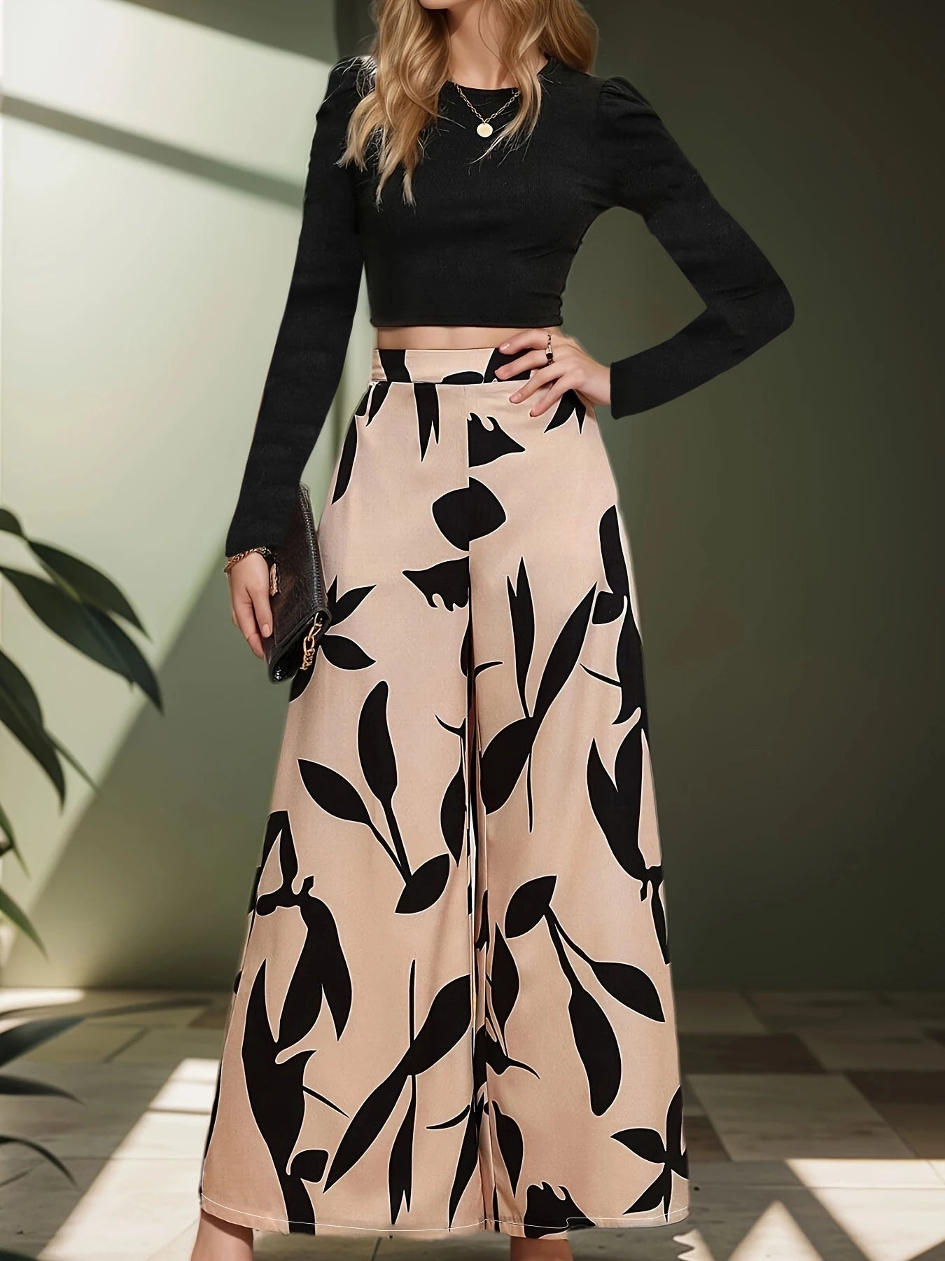 Women High Waist Floral Wide Leg Pants Casual Polyester Trousers
