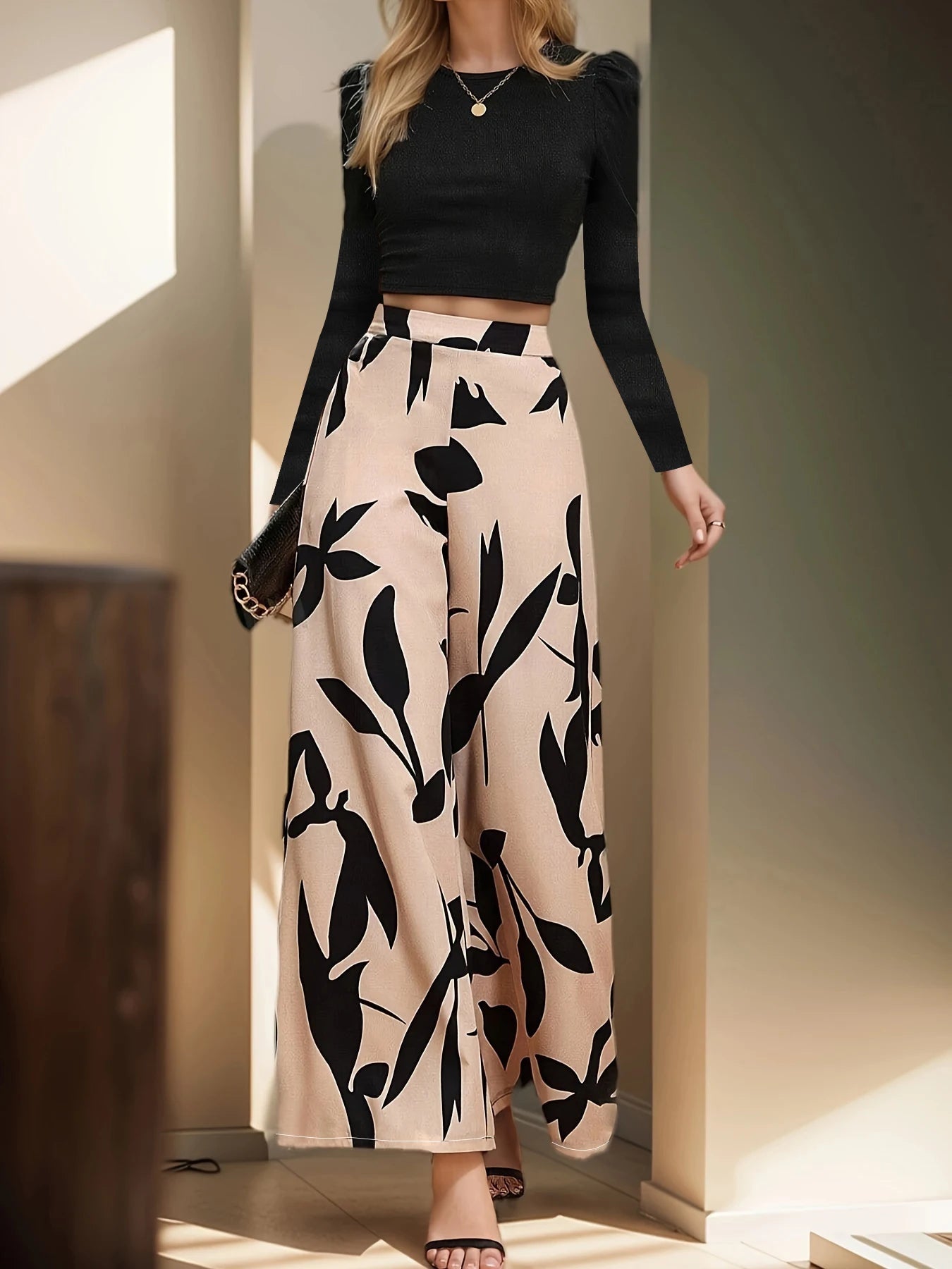 Women High Waist Floral Wide Leg Pants Casual Polyester Trousers