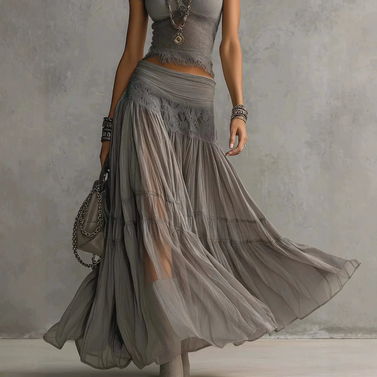Women's Knit Top And Chiffon Dress Two Piece Fashion Set