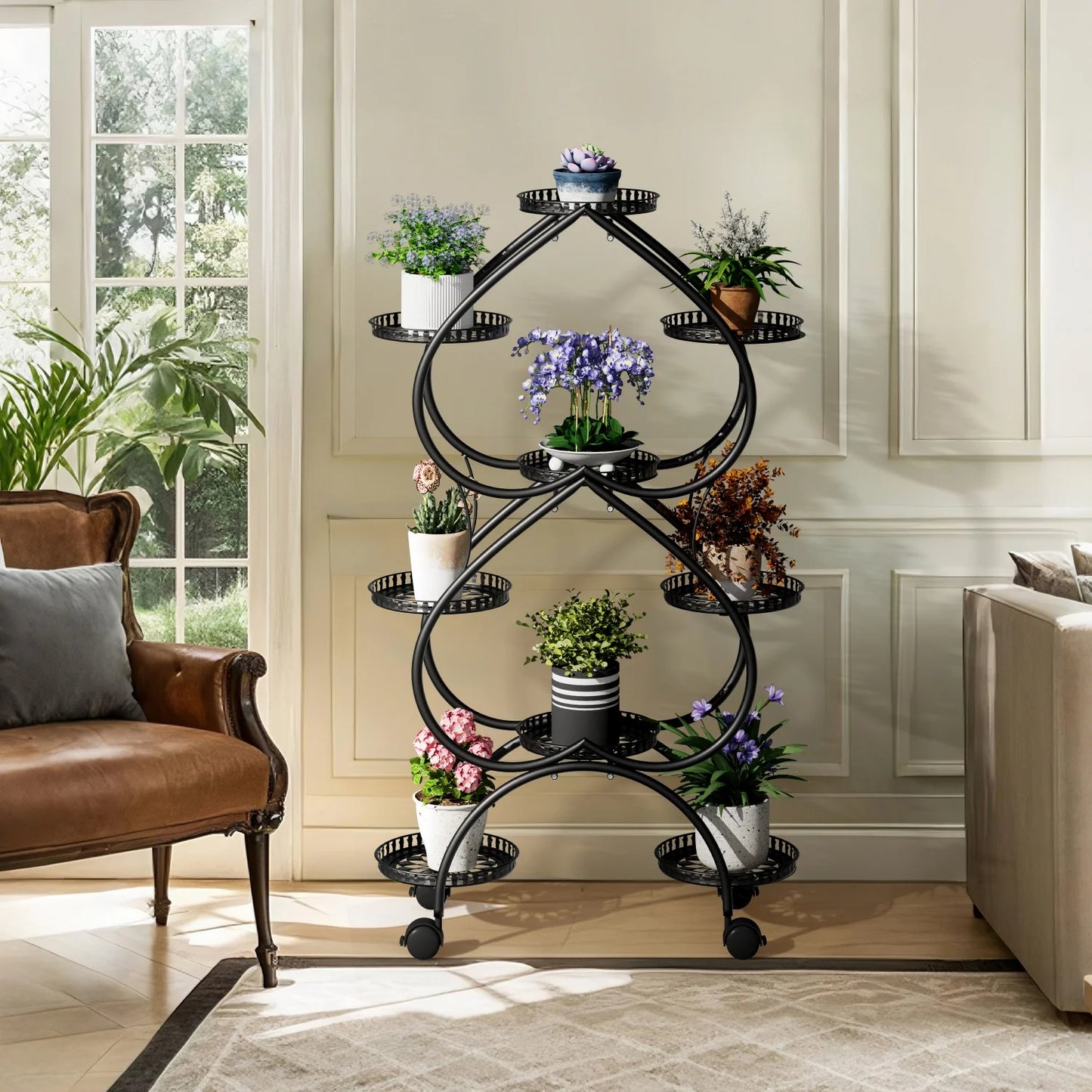 Nine Tier Metal Plant Stand With Wheels For Patio And Garden