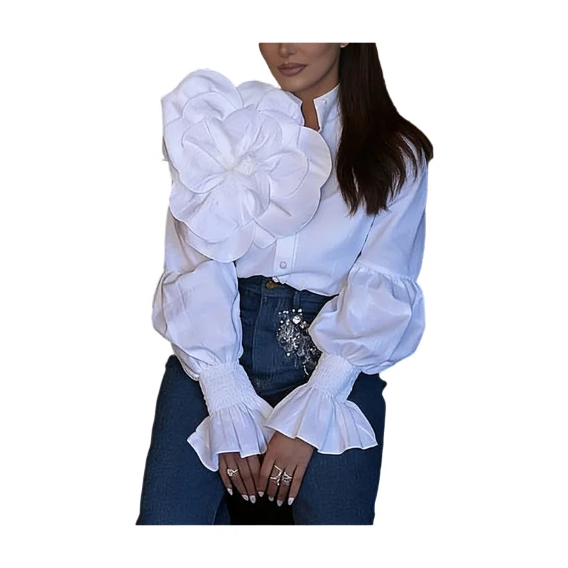 Women Stand Collar 3D Floral Puff Sleeve Polyester Blouse