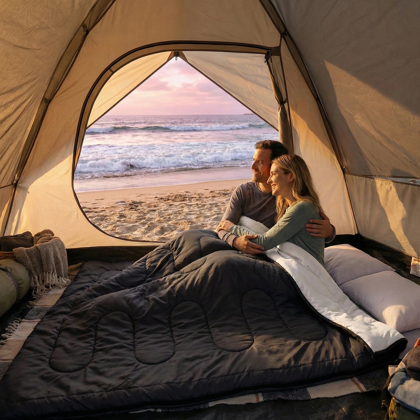 Double Sleeping Bag For Adults With Pillow, Lightweight 3 Season