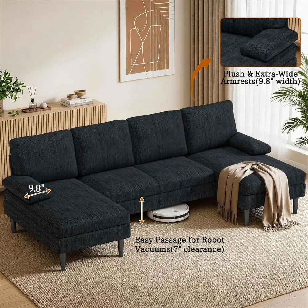Modern Chenille Sectional Sofa With Double Chaise Lounge Design
