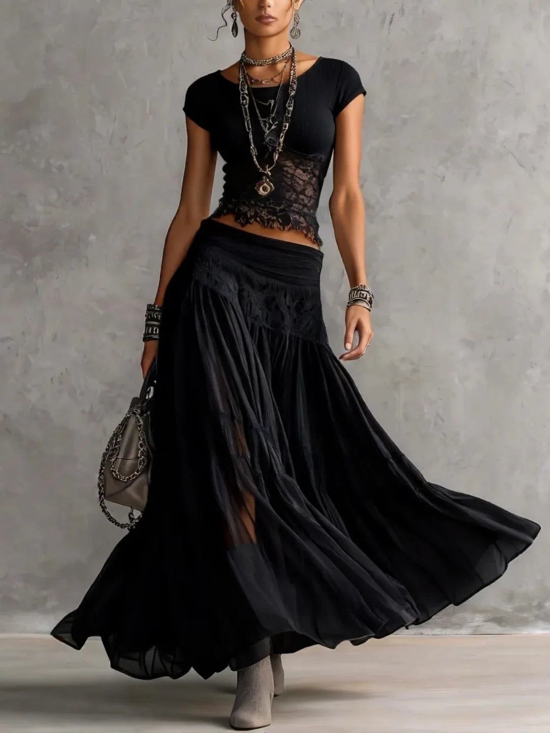 Women's Knit Top And Chiffon Dress Two Piece Fashion Set