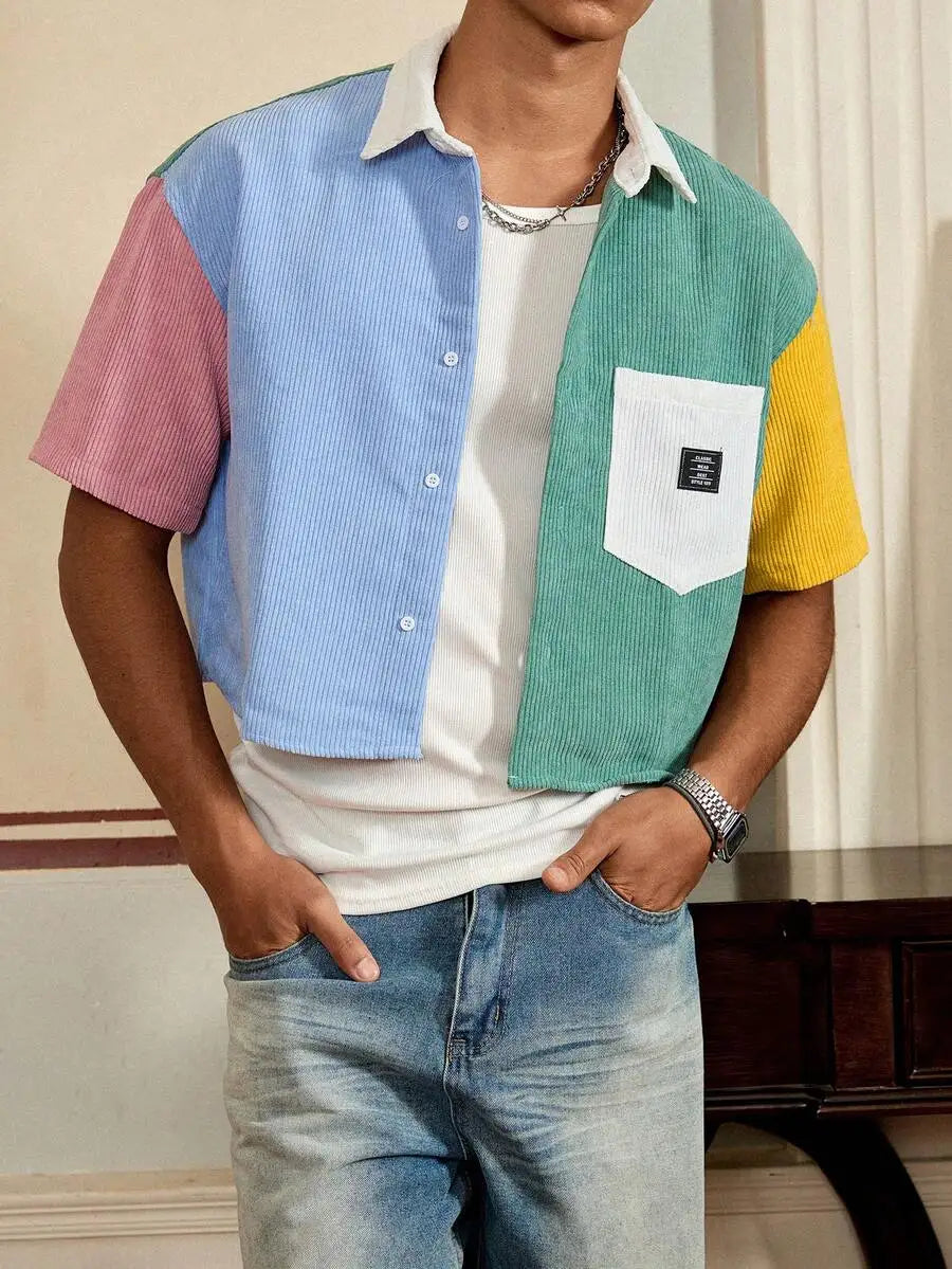 Men Patchwork Corduroy Short Sleeve Shirt Casual Daily Wear