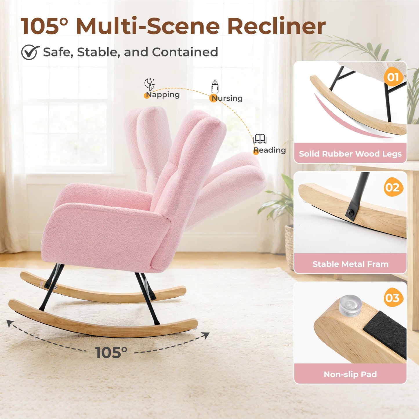 JHK Teddy Upholstered Saucer Rocking Chair With High Back