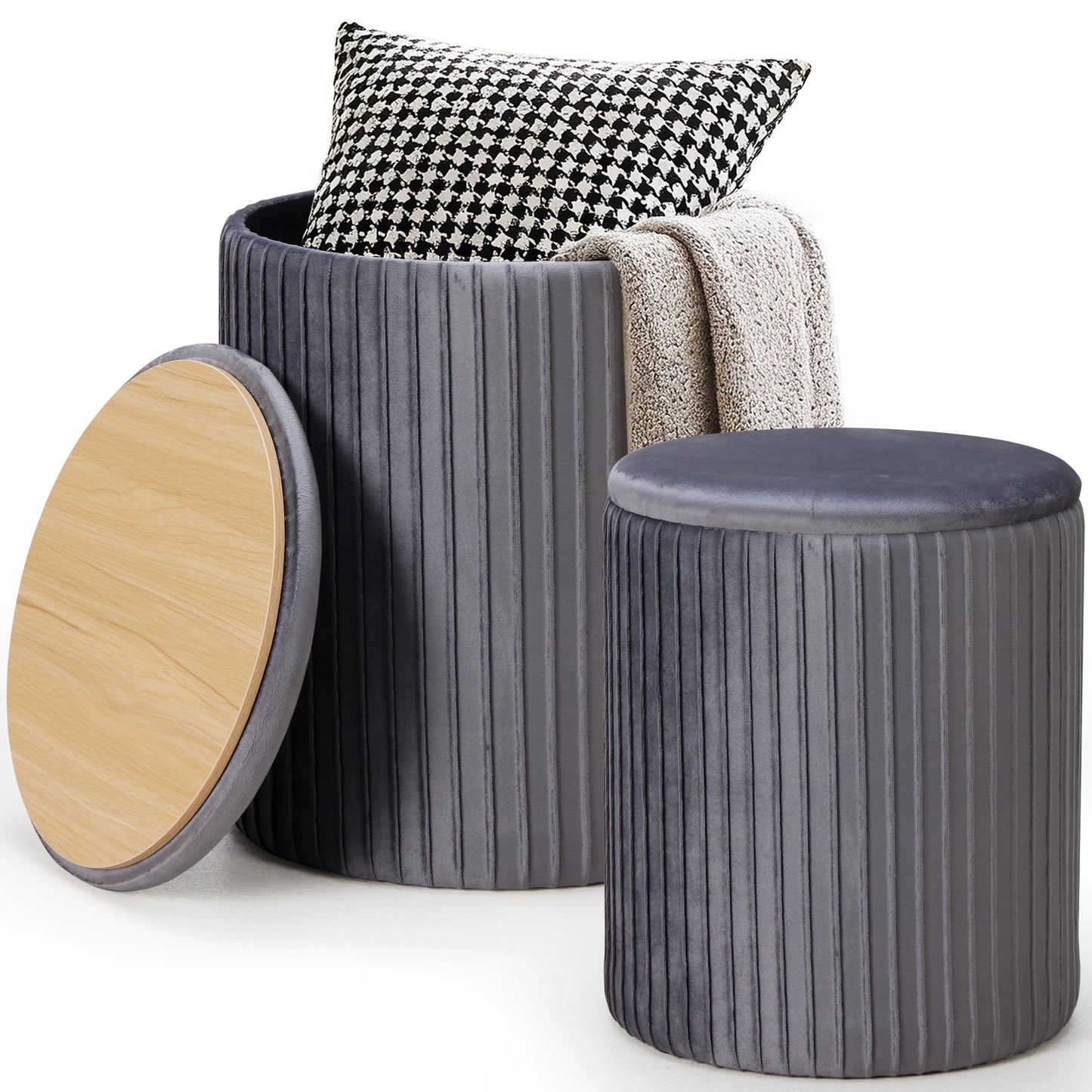 JHK Round Storage Ottoman With Hidden Toy Box And Bench