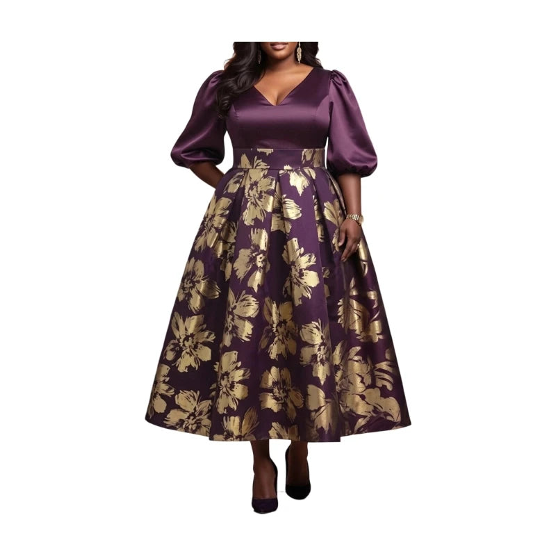 Elegant Floral Midi Dress With Puff Sleeves For Weddings