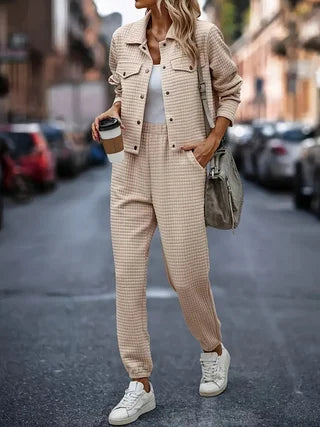 Womens Single Breasted Lapel Knit Cardigan And Trousers Set