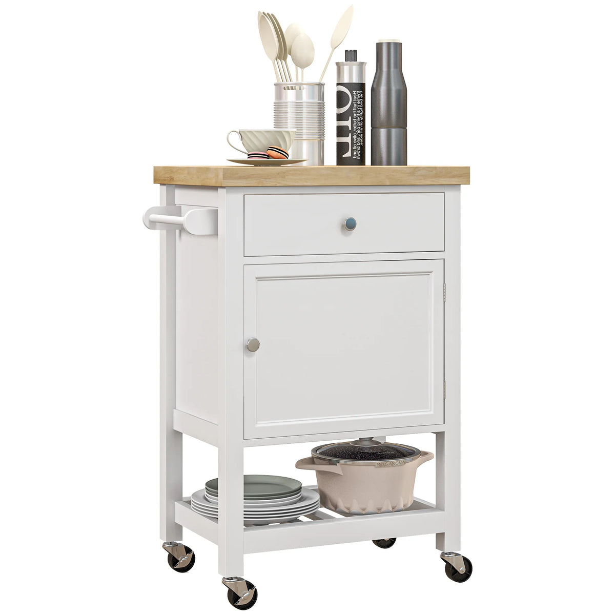 HOMCOM Rolling Kitchen Cart With Storage Drawer And Cabinet