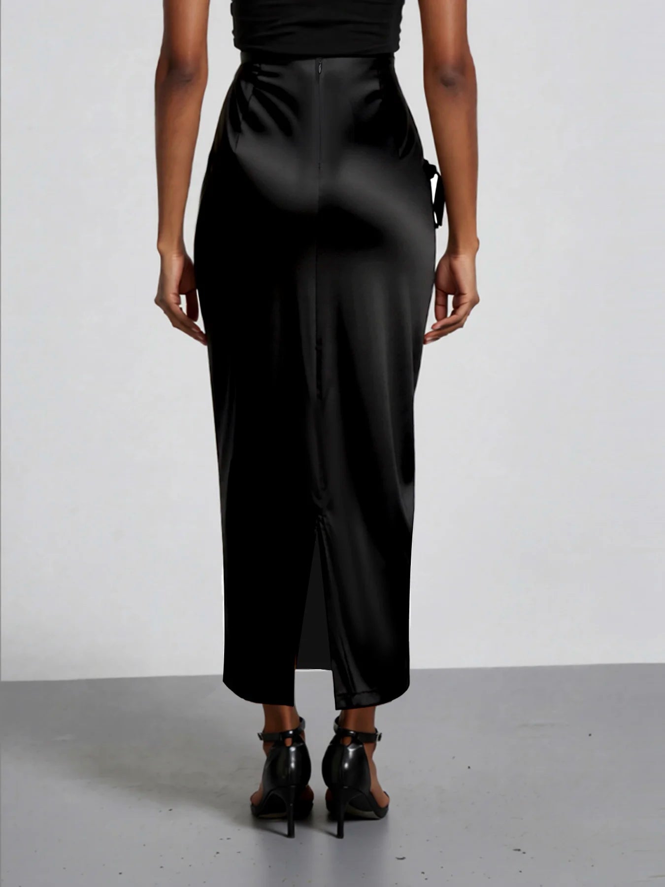Women Satin Ruched Drawstring High Waist Midi Skirt