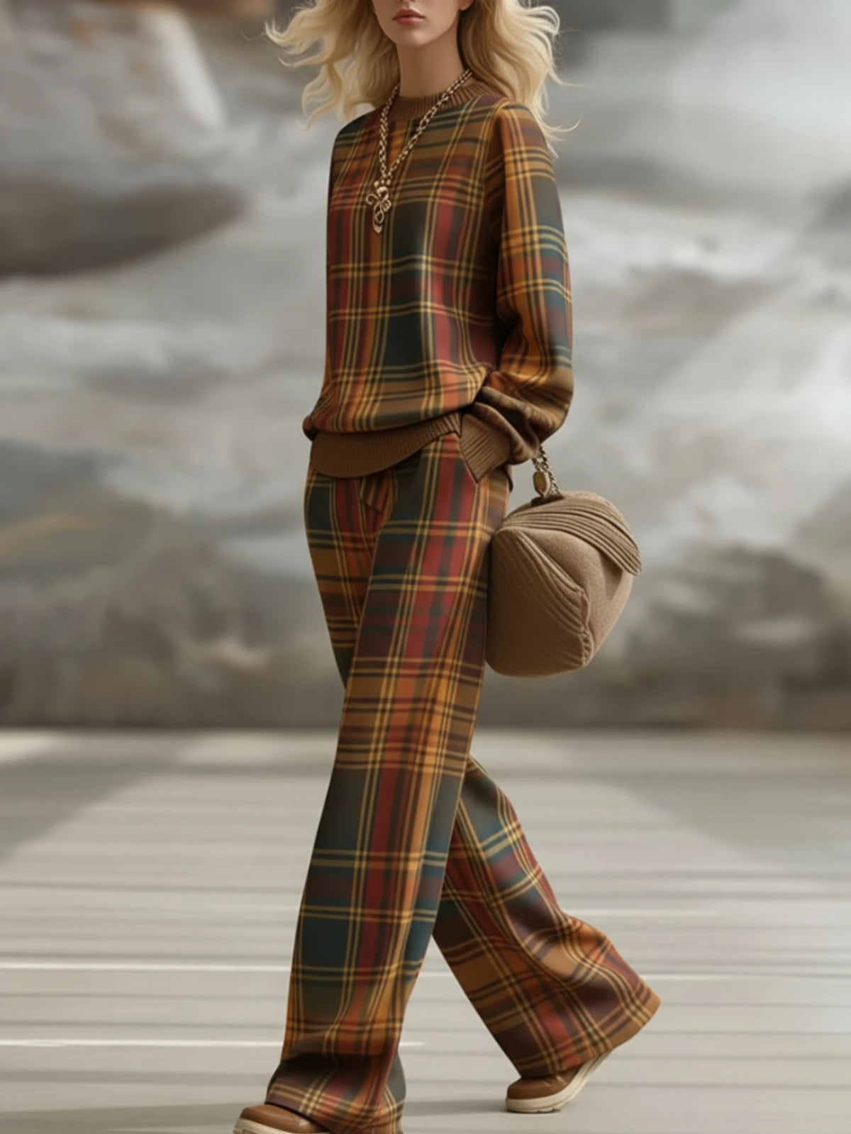 Women's Plaid Print Casual Two Piece Top And Pants Set