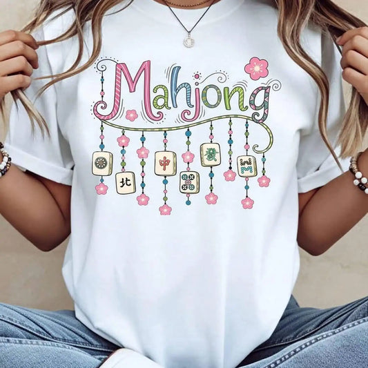 Mahjong Themed T Shirt With Floral Tiles For Women