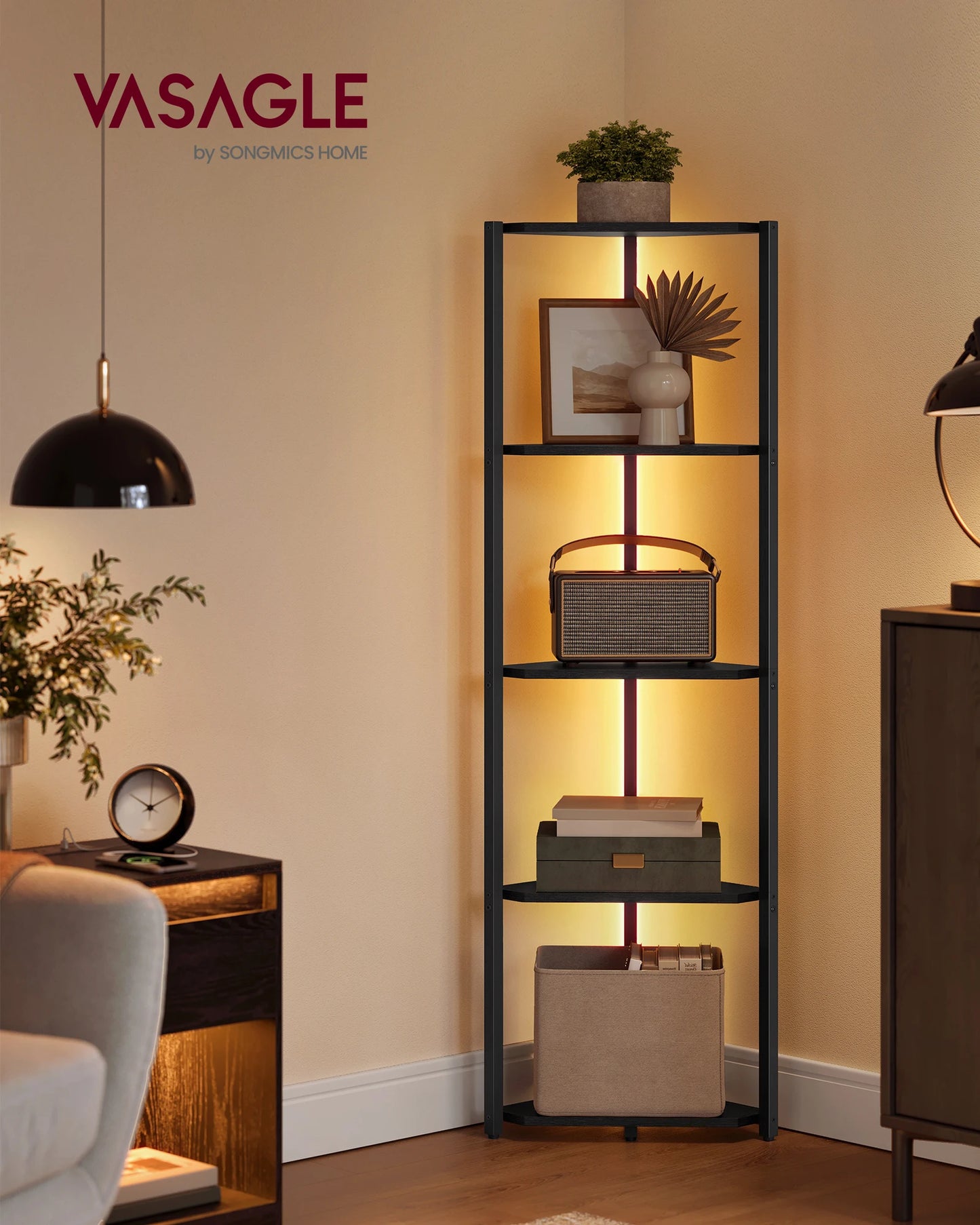 VASAGLE 5-Tier Corner Shelf With LED Lights And Steel Frame