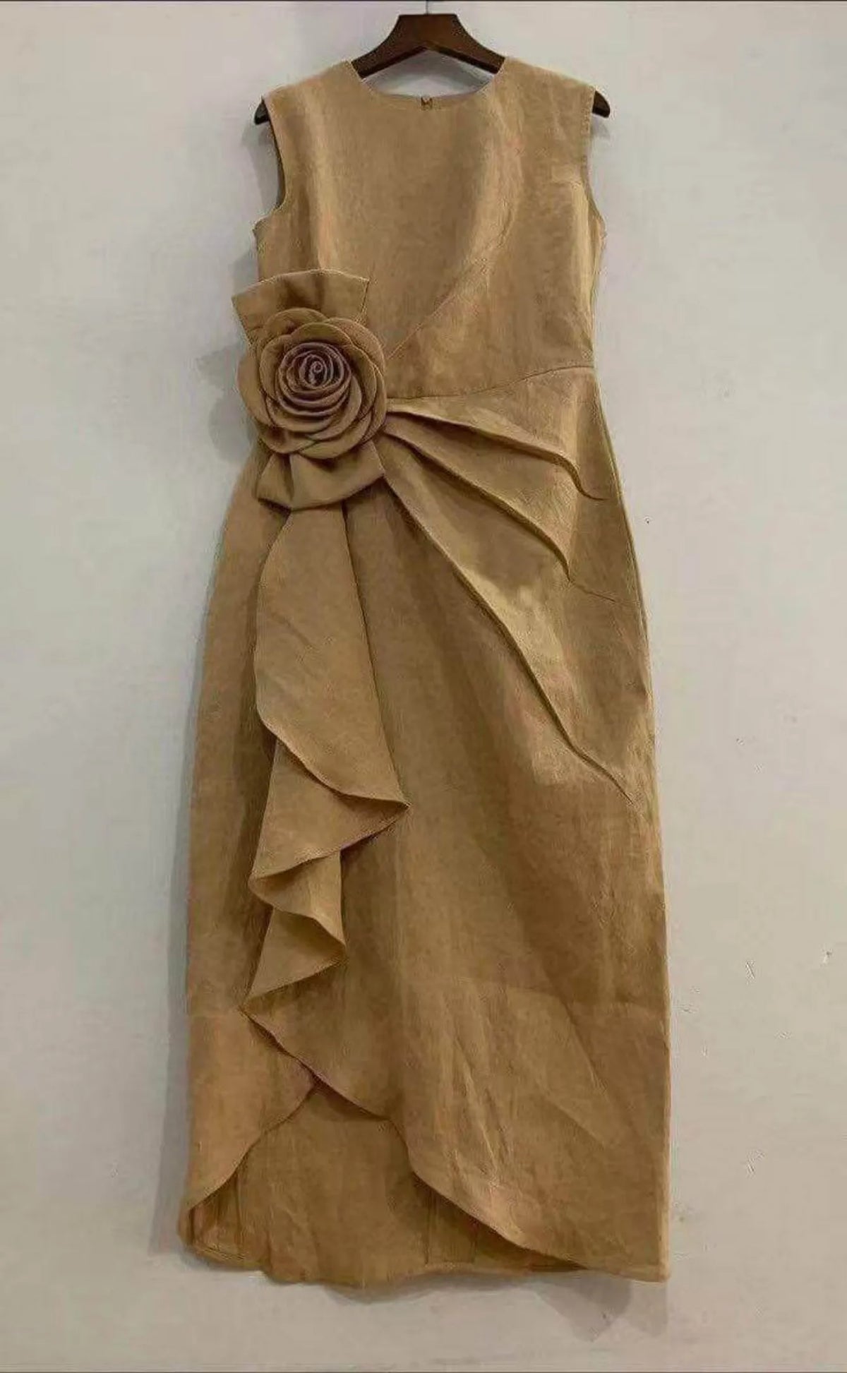 Womens Round Neck Sleeveless 3D Floral Ruffle Midi Party Dress