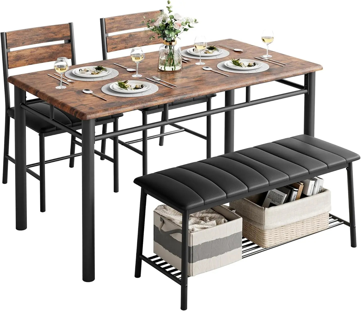 IRONCK Dining Table Set For 4 With Bench And Chairs