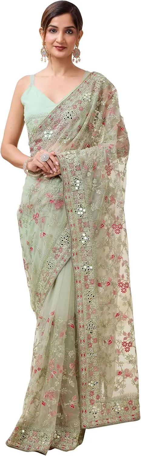 Women's Net Cotton Saree With Sequence Embroidery Work